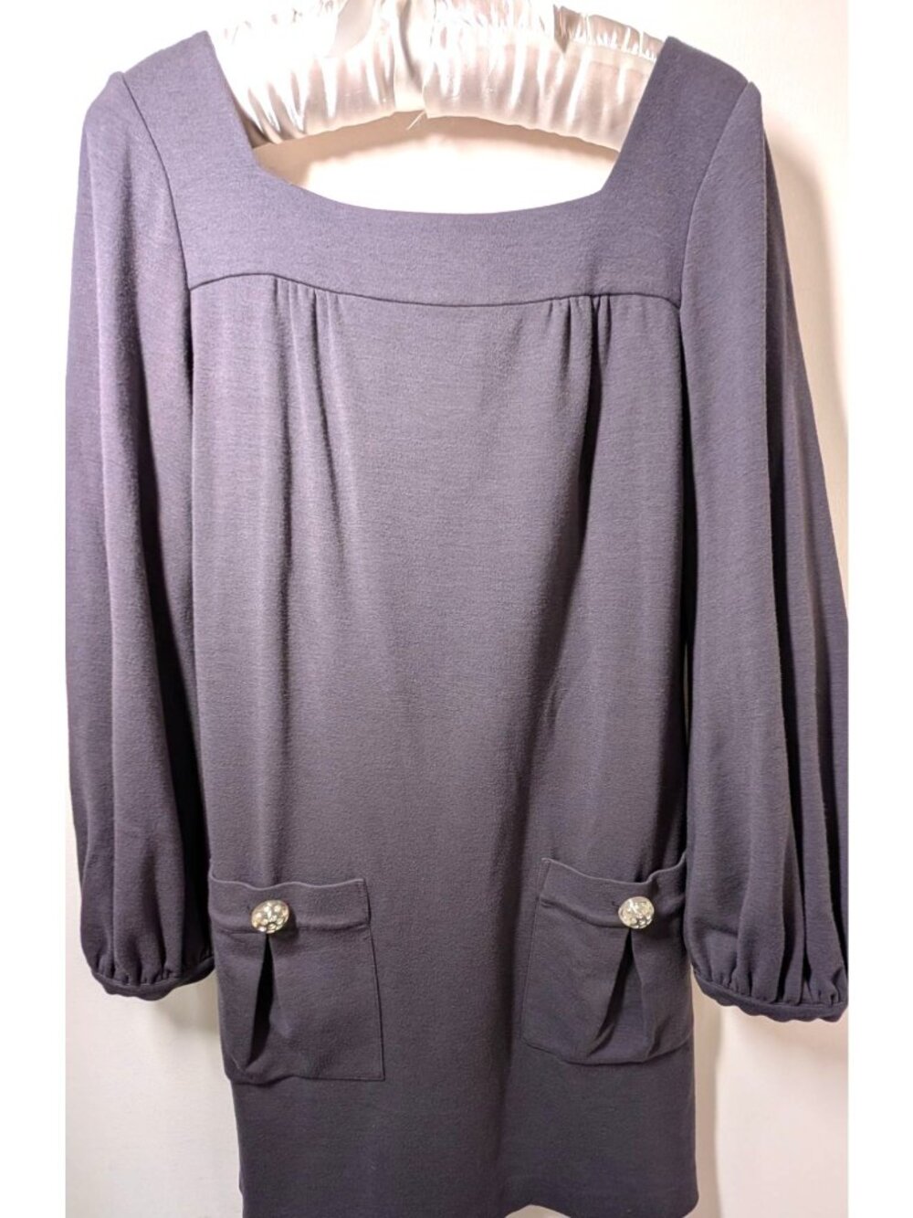 Trina Turk Gray Wool Shift Dress, Patch Pockets, Bling Buttons, Size Small